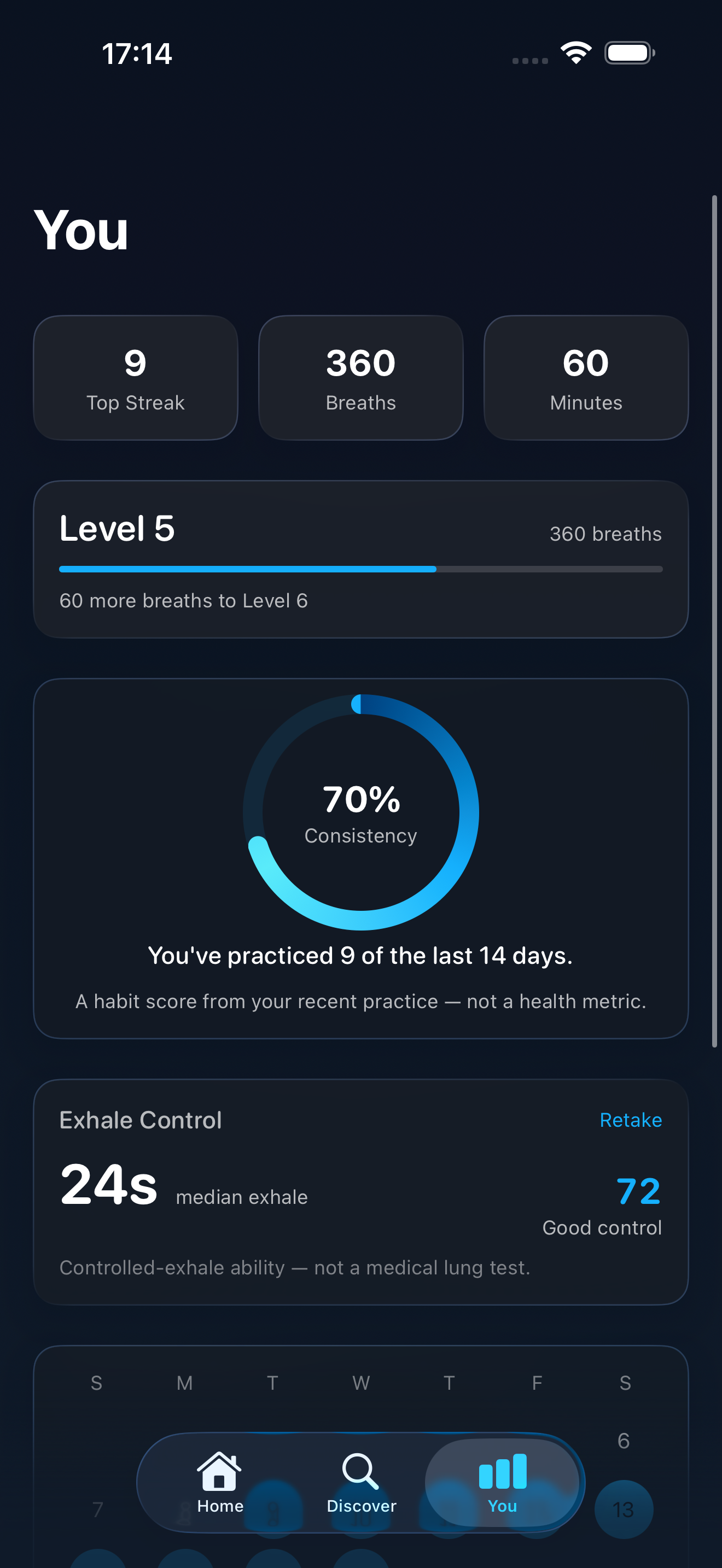 The You screen showing a top streak of nine, three hundred sixty breaths, sixty minutes, Level 5, and a seventy percent consistency ring