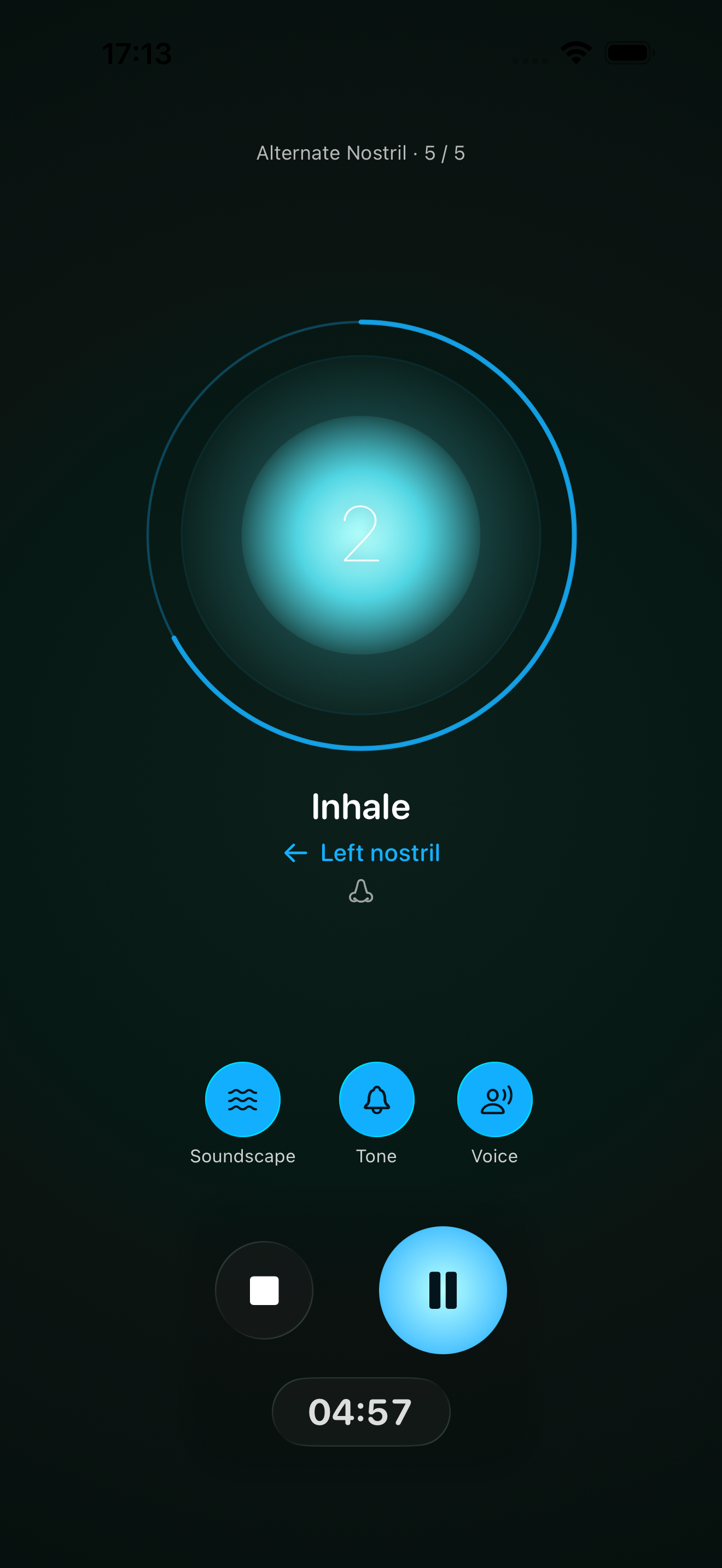 The Inner Tempo session screen: a bright cyan orb mid breath with the label Inhale, a phase count, and a four minute fifty seven second timer