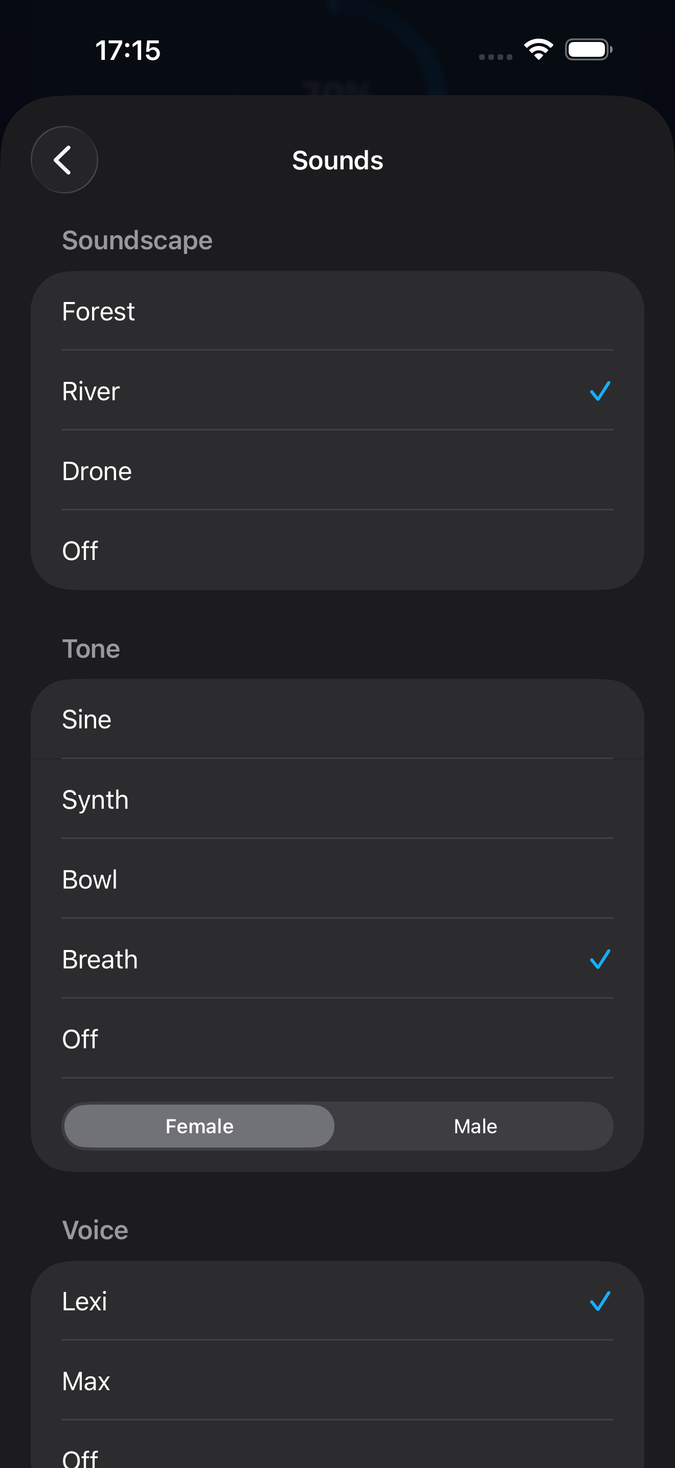 The Sounds settings screen for choosing a soundscape and voice