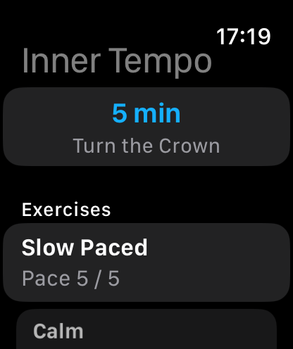 Inner Tempo Apple Watch home screen with the duration crown and a list of patterns